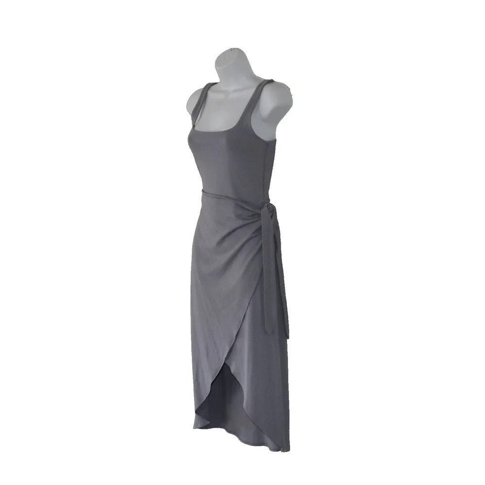 A7 NEW ARITZIA WILFRED Grey Drapey Jersey Side Tie Saturn Midi Wrap Dress Size S
